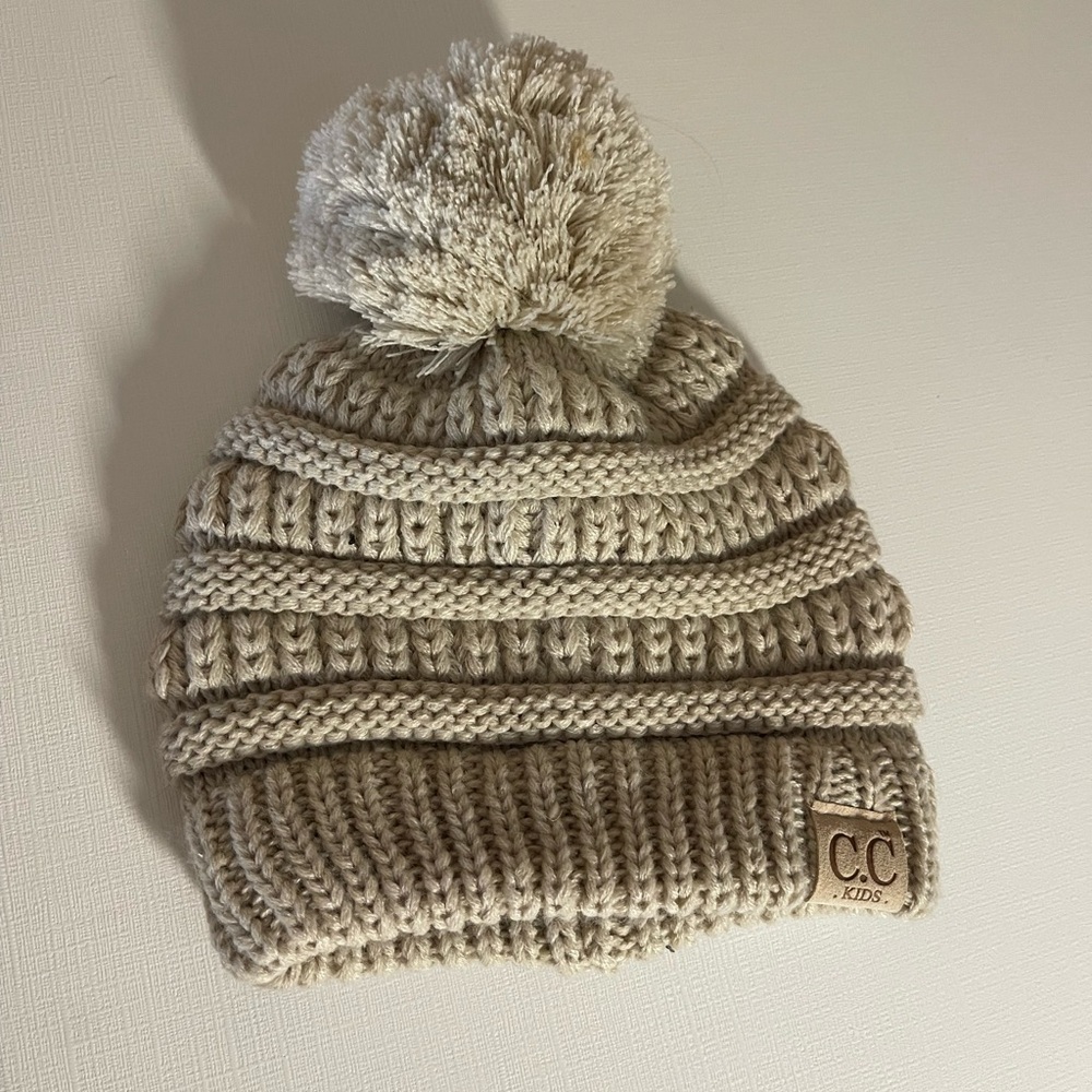 C.C Tan Knit toddler Pom-Pom Beanie
